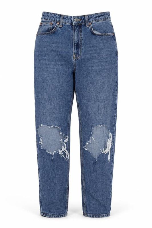 Front view of Topshop women’s blue cotton mom jeans, size UK 28, in, 32-inch leg regular zip