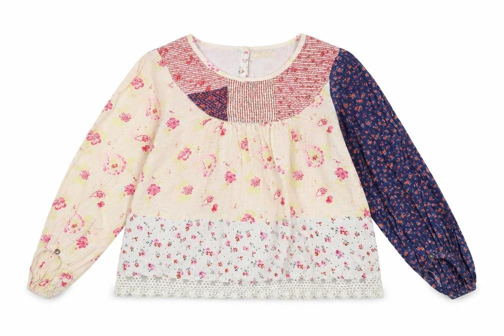 Front view of Next girls’ multicoloured floral 100% cotton basic blouse, size 10, years round neck button
