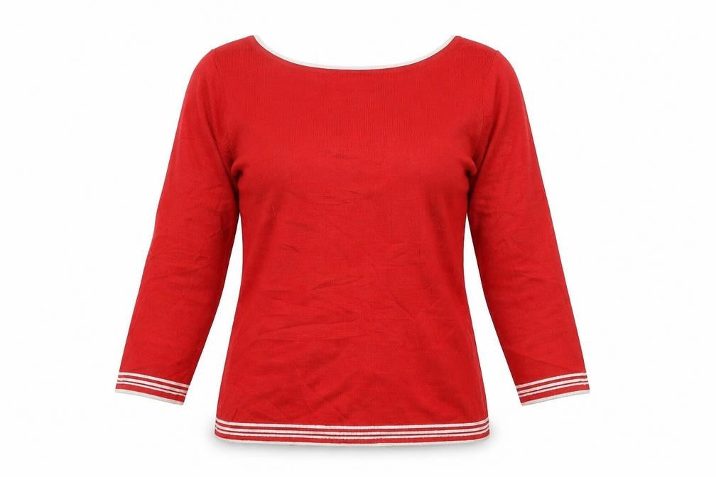 Front view of New Look women’s red boat neck acrylic jumper, size UK 10