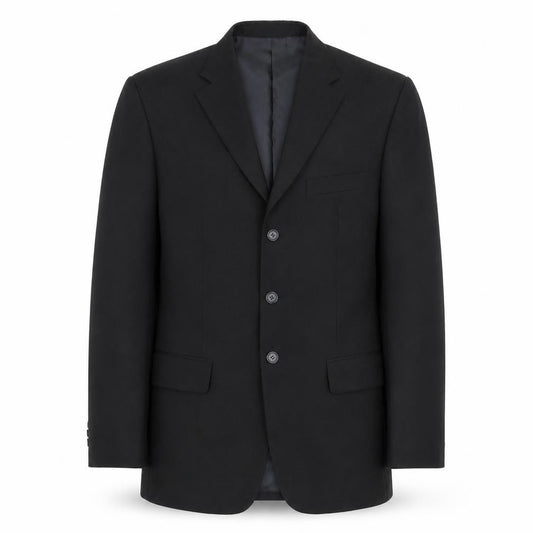 Front view of F&F men’s black polyester jacket suit jacket, size 42