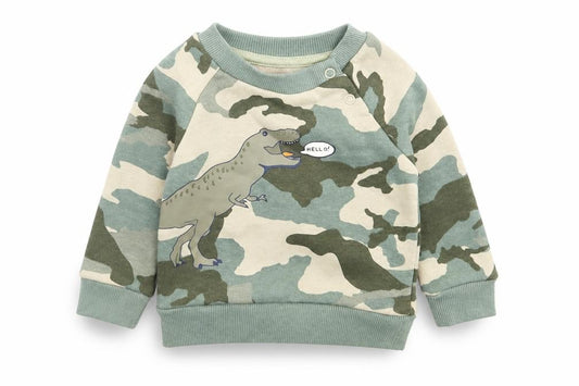 Front view of Primark boys’ green camouflage cotton jumper, size 3-6, months pullover