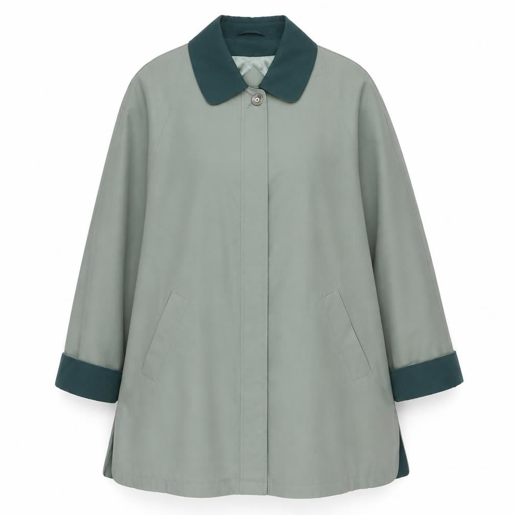 Front view of EWM women’s green overcoat coat, size UK 16, button