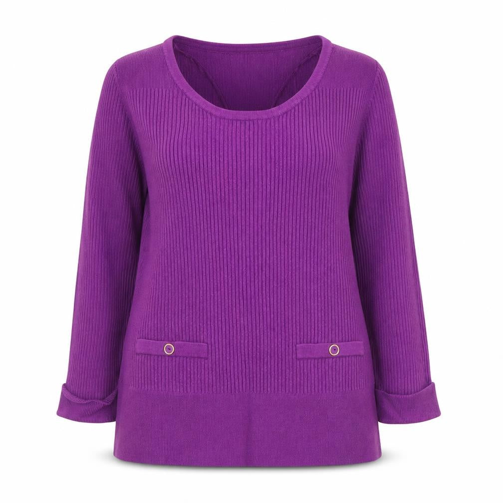 Front view of Marks & Spencer women’s purple scoop neck viscose jumper, size UK 14