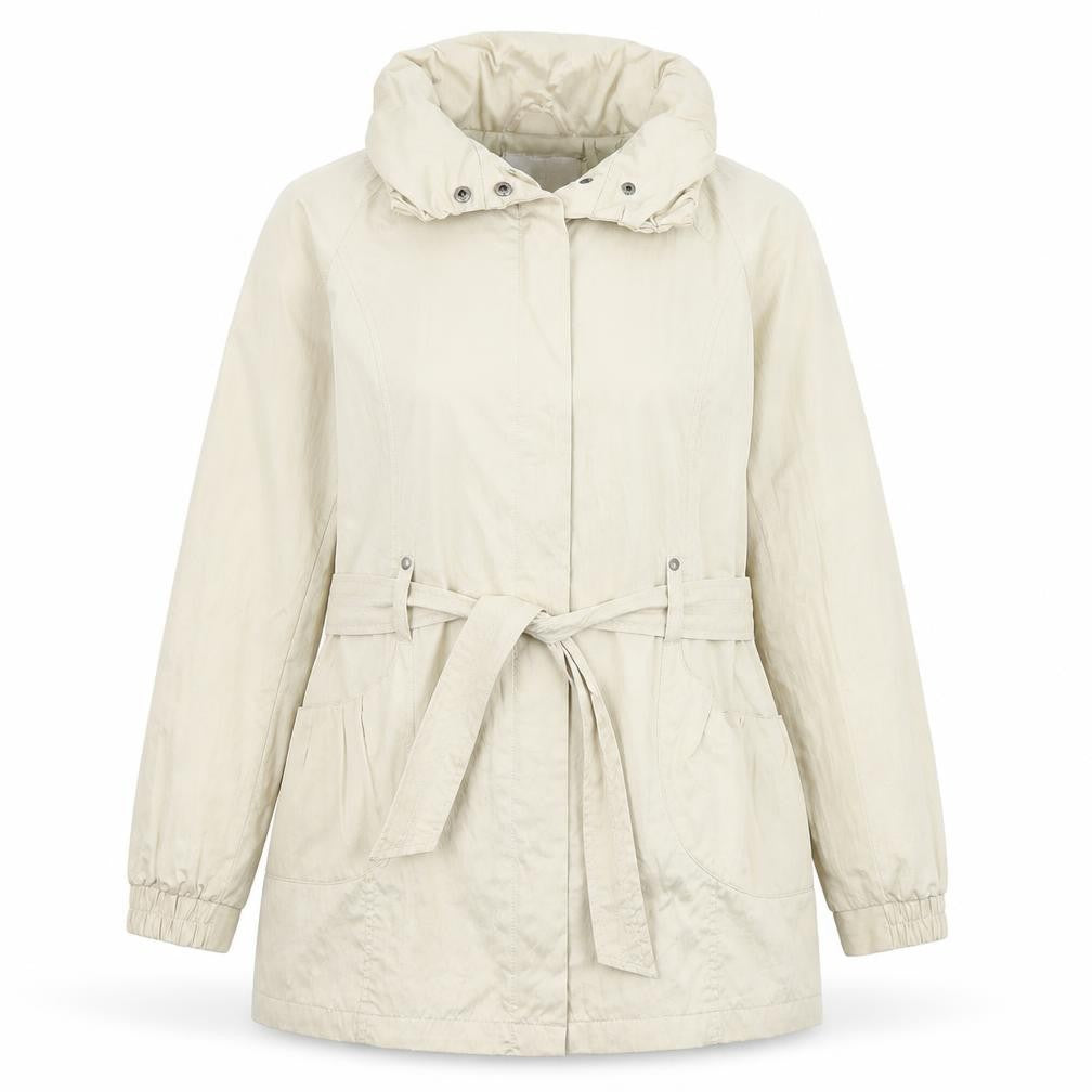 Front view of Lakeland women’s beige anorak coat, size UK 12, zip