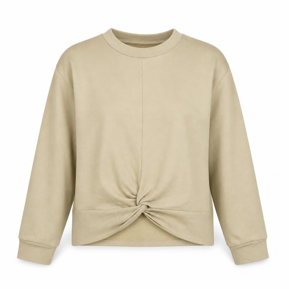 Front view of H&M women’s beige cotton pullover sweatshirt, size M, pullover