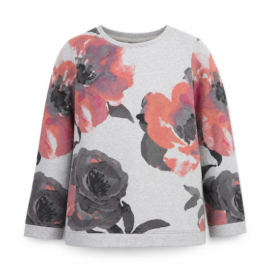 Front view of D & Co women’s grey floral cotton pullover sweatshirt, size S, pullover