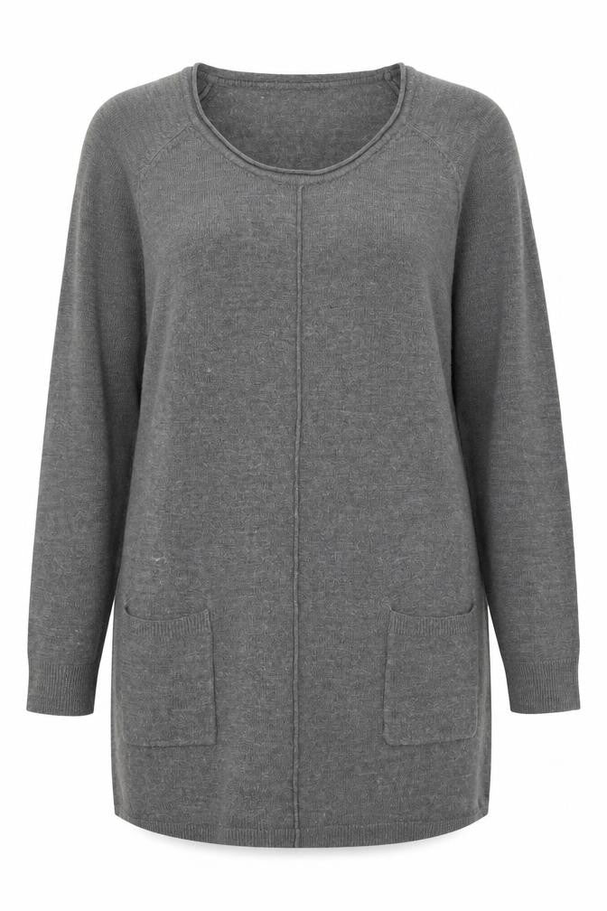 Front view of Avenue women’s grey scoop neck acrylic jumper, size UK 14