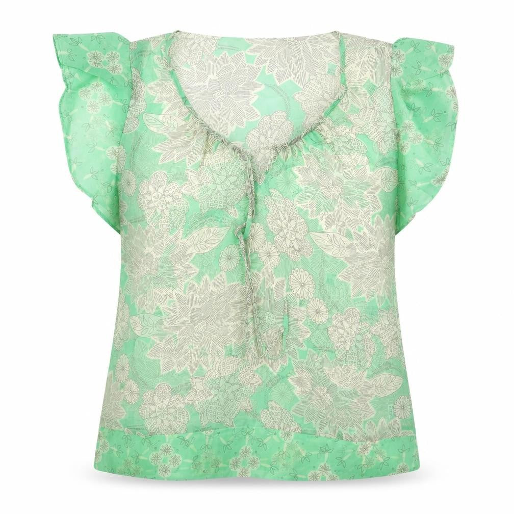 Front view of Marks & Spencer women’s green floral polyester basic blouse, size UK 14, round neck