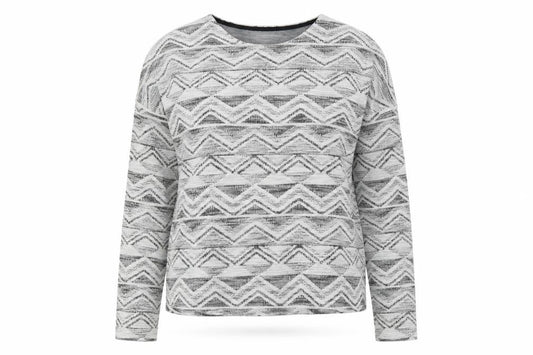 Front view of Indigo Collection women’s multicoloured round neck geometric cotton jumper, size UK 12