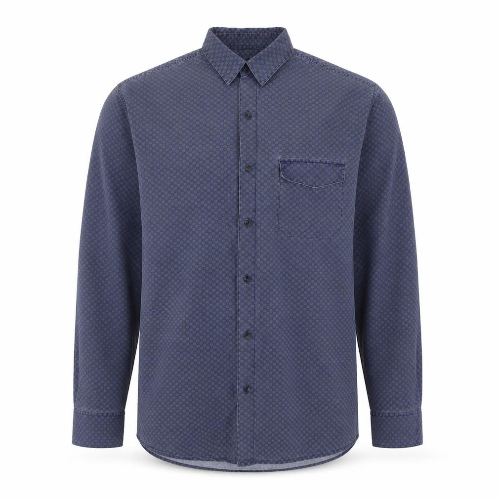 Front view of Topman men’s blue check cotton button-up, size M, collared