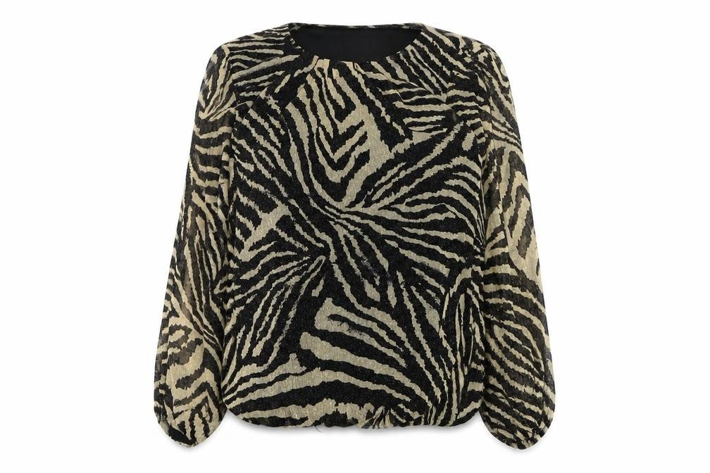 Front view of Wallis women’s black animal print nylon basic blouse, size S, round neck