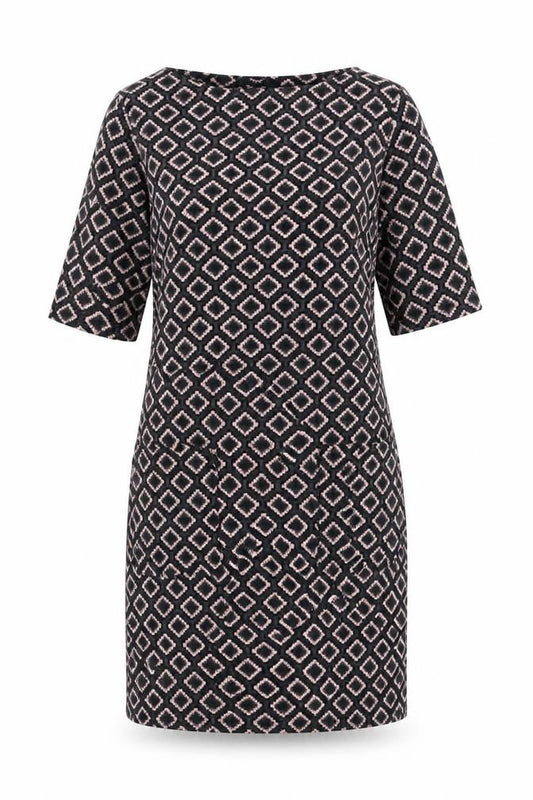 Front view of Next women’s blue geometric polyester shift, size UK 8, round neck pullover