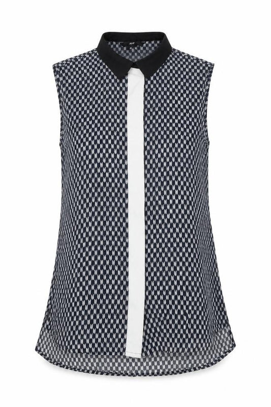 Front view of H&M women’s blue geometric polyester basic blouse, size UK 4, collared