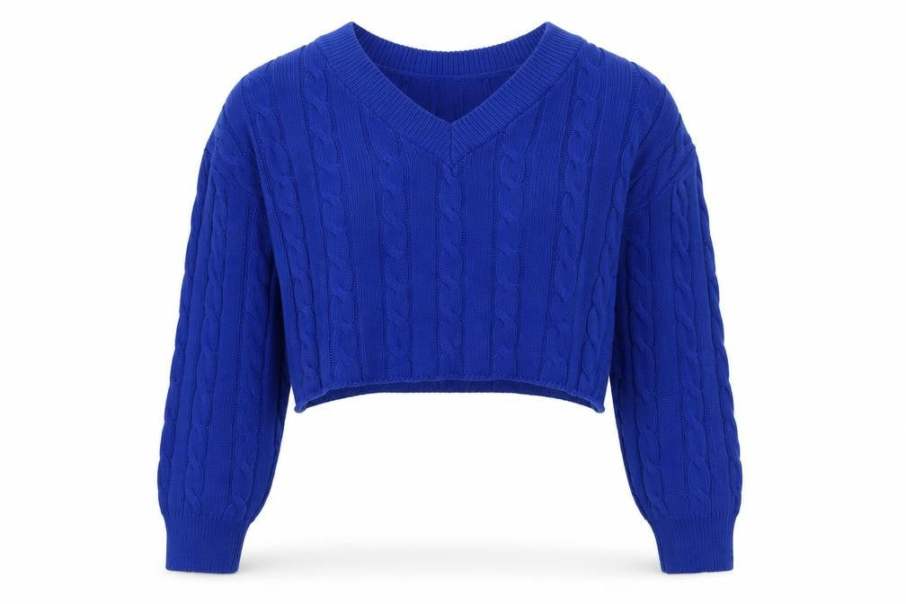 Front view of Primark women’s blue v-neck acrylic jumper, size M