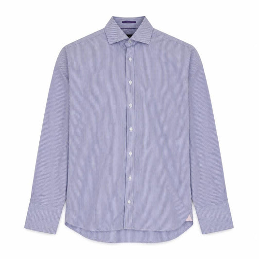 Front view of Sartorial men’s blue striped cotton button-up, size 16, collared