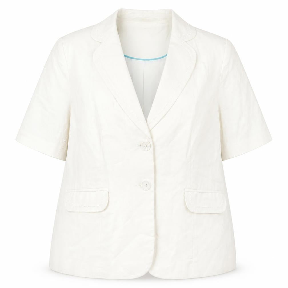 Front view of Bonmarché women’s beige linen jacket blazer, size UK 20