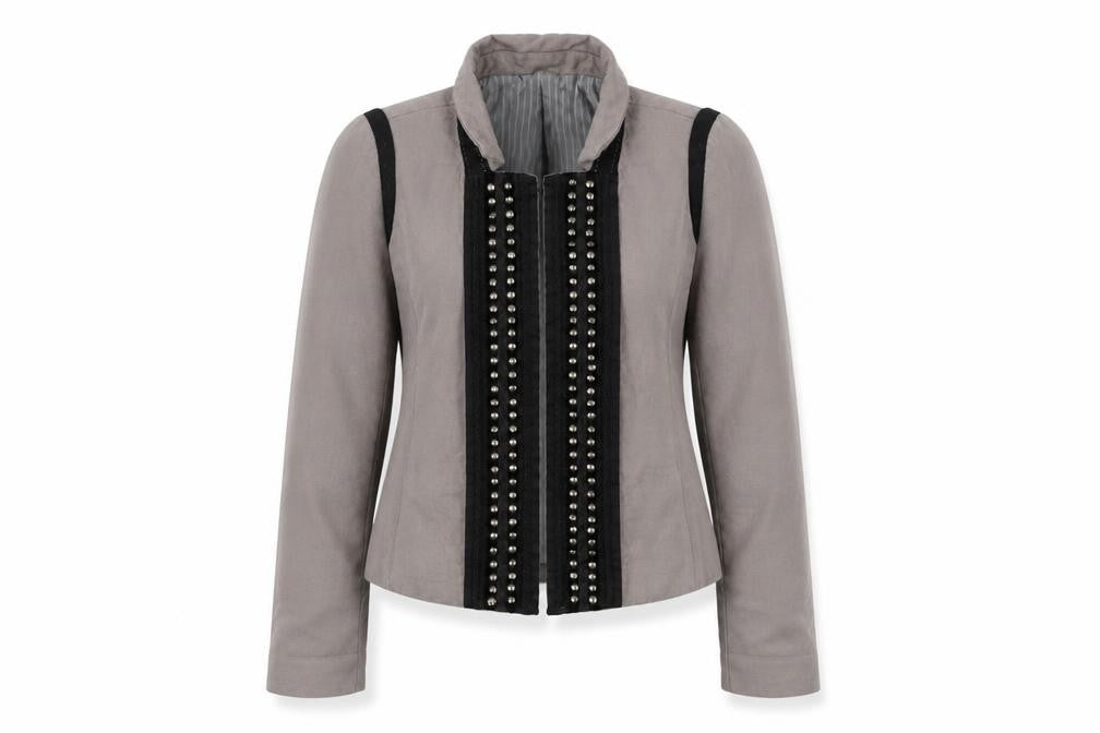 Front view of Zara women’s beige jacket, size L, hook & eye