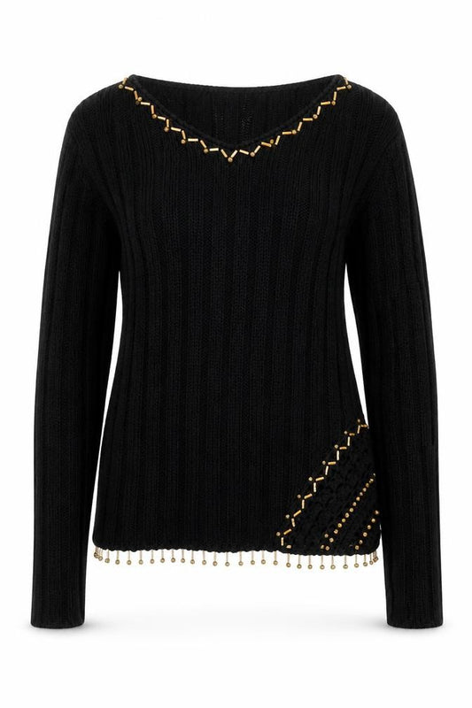 Front view of Elegant women’s black round neck cotton jumper, size M