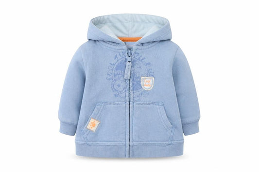 Front view of Cherokee boys’ blue cotton full zip jumper, size 0-3, months zip