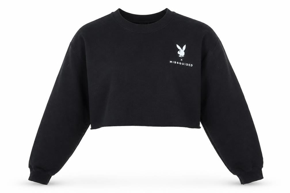 Front view of Missguided women’s black cotton pullover sweatshirt, size S, pullover - cropped