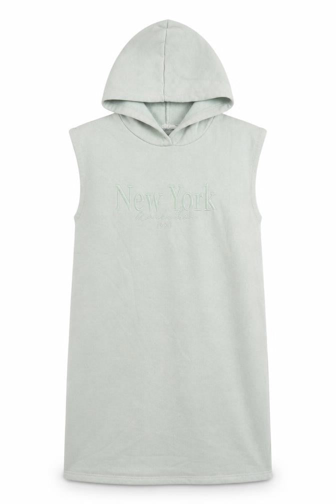 Front view of Matalan girls’ green polyester tunic hoodie, size 11, years pullover - new york