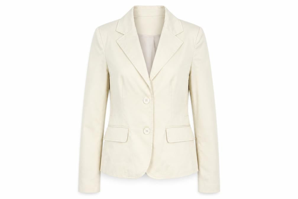 Front view of Di & A women’s beige jacket blazer, size M, button