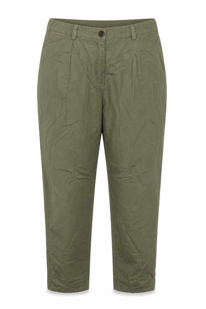 Front view of H&M women’s green cotton trousers, size UK 8, 27-inch leg regular zip