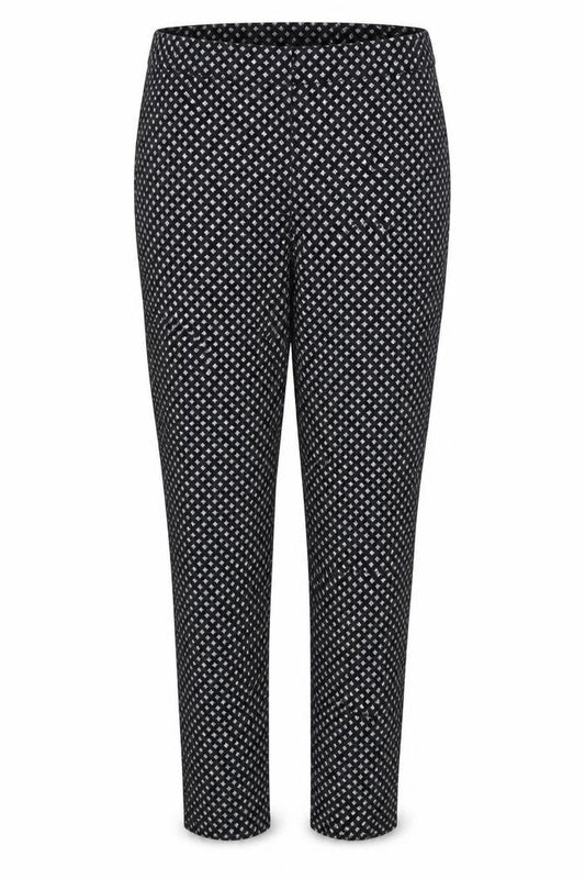 Front view of Oasis women’s grey geometric cotton trousers, size UK 10, 26-inch leg regular hook & eye