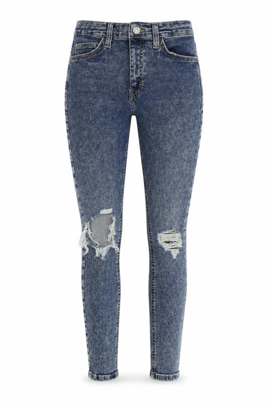 Front view of Topshop women’s blue cotton skinny jeans, size UK 26, in, 26-inch leg regular button
