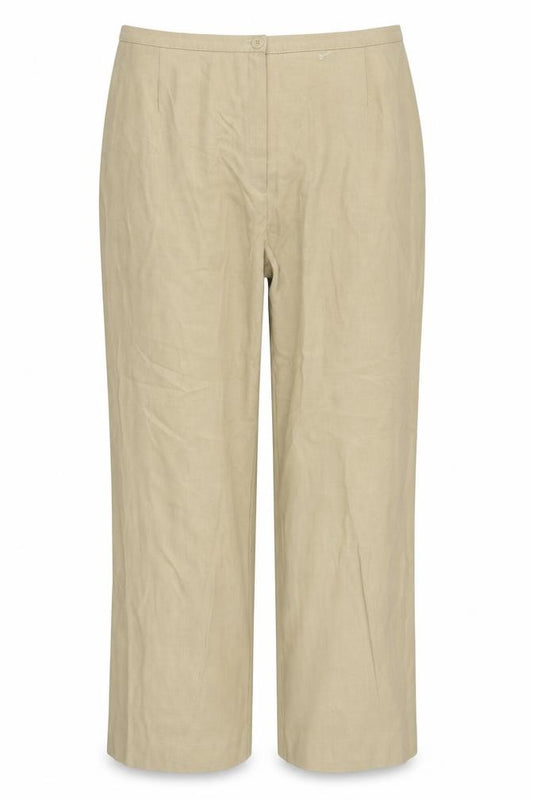 Front view of Next women’s beige polyester trousers, size UK 14, 30-inch leg regular button