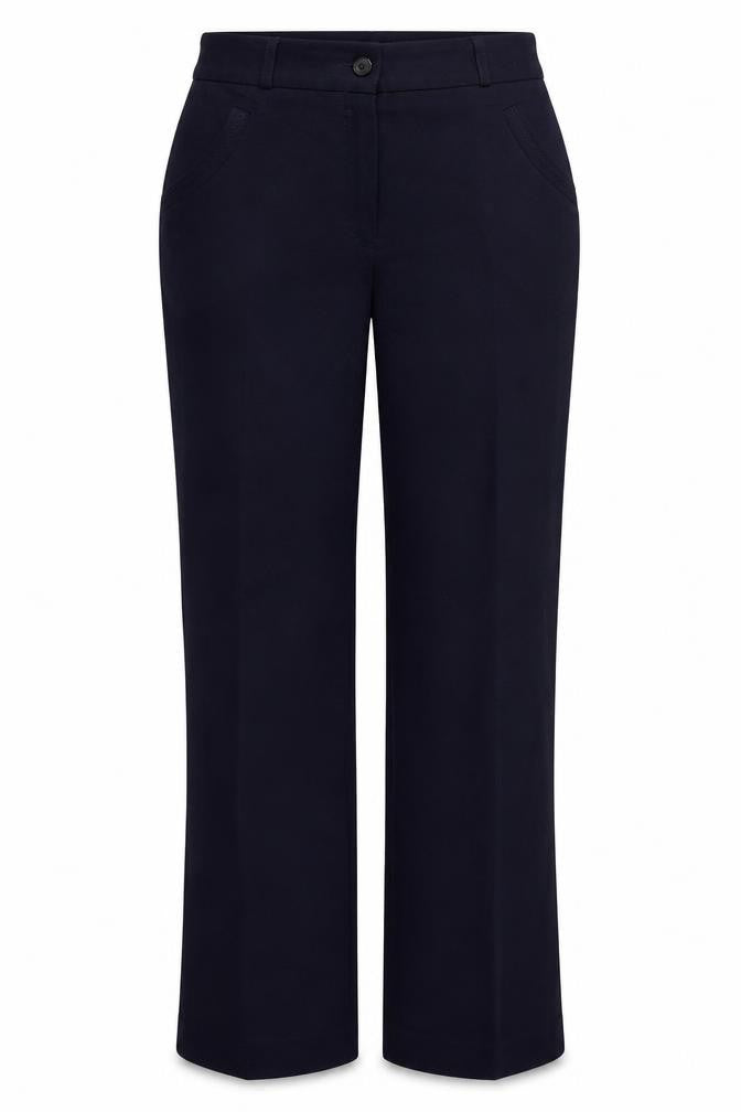 Front view of Gentilo women’s blue polyester trousers, size UK 10, 29.5-inch leg regular button