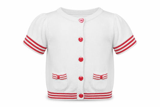 Front view of Mothercare girls’ white 100% cotton cardigan jumper, size 9-12, months button