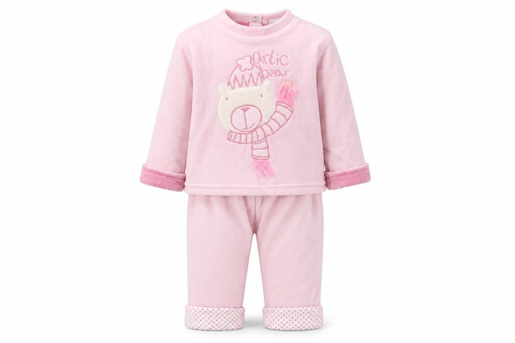 Front view of Miobic & Marks and Spencer girls’ pink polyester pyjama set, size 6-9, months button
