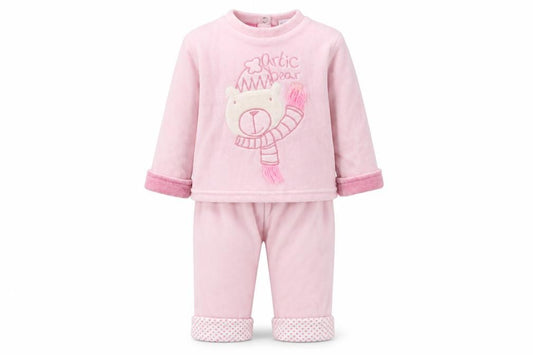 Front view of Miobic & Marks and Spencer girls’ pink polyester pyjama set, size 6-9, months button