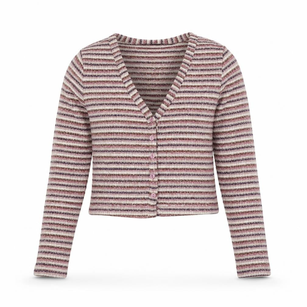 Front view of Primark women’s multicoloured v-neck striped polyester cardigan jumper, size XS