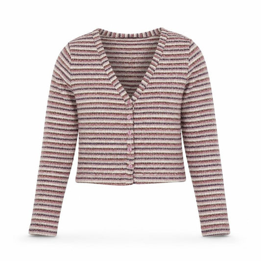 Front view of Primark women’s multicoloured v-neck striped polyester cardigan jumper, size XS
