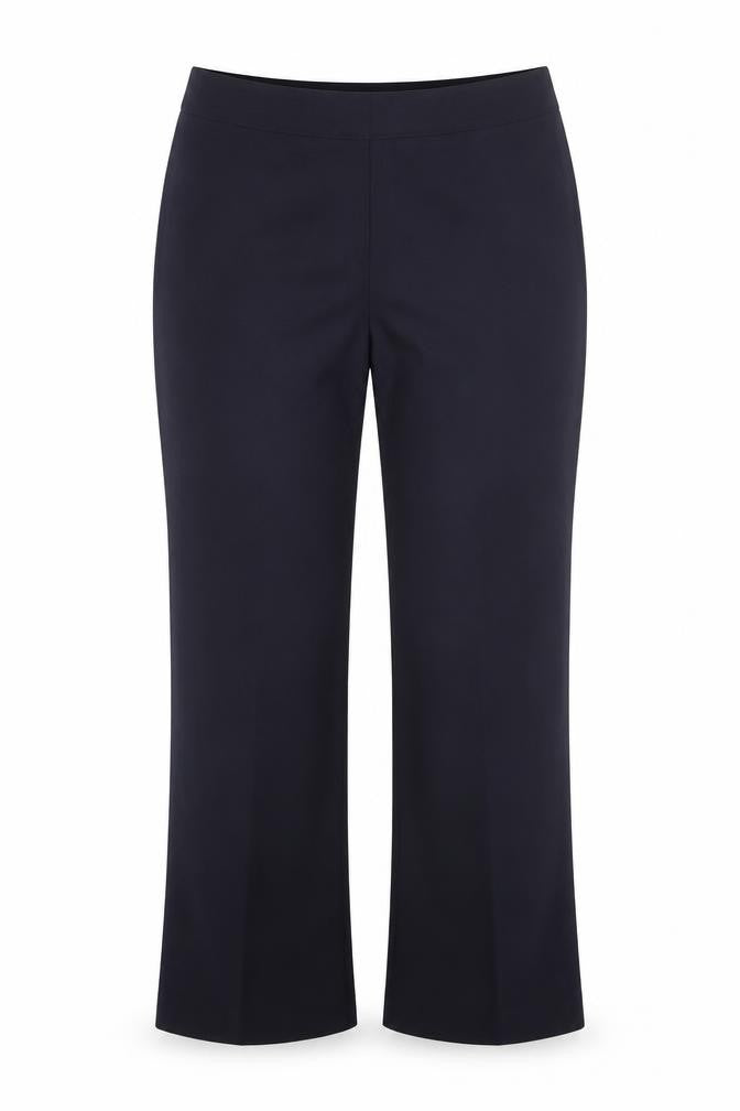 Front view of Preworn women’s blue polyester trousers, size UK 10, 28-inch leg regular hook & eye