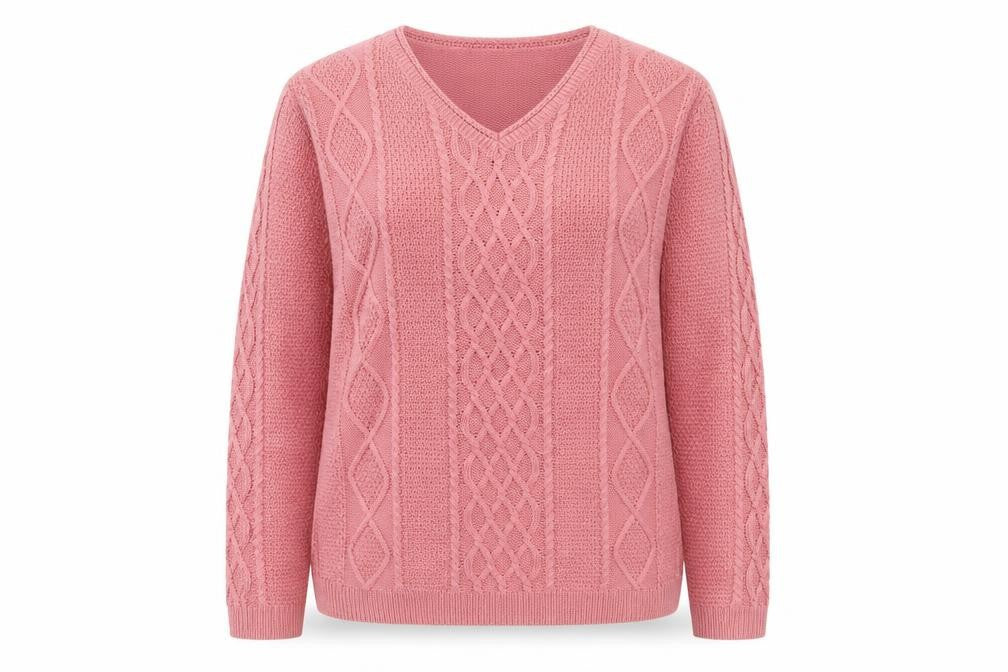 Front view of isle women’s pink v-neck acrylic jumper, size M