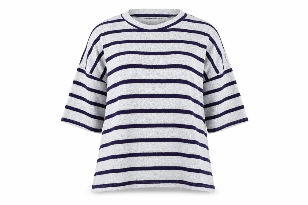Front view of Roman women’s grey round neck striped polyester jumper, size L