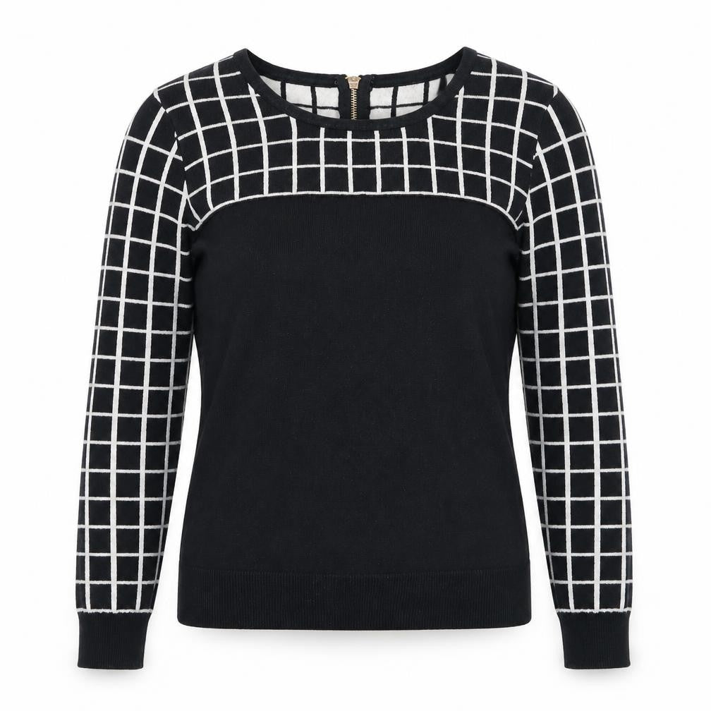Front view of Vero Moda women’s black round neck check cotton jumper, size M