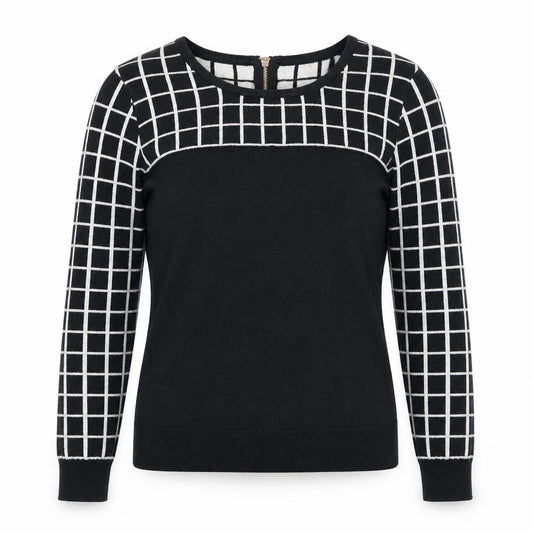 Front view of Vero Moda women’s black round neck check cotton jumper, size M