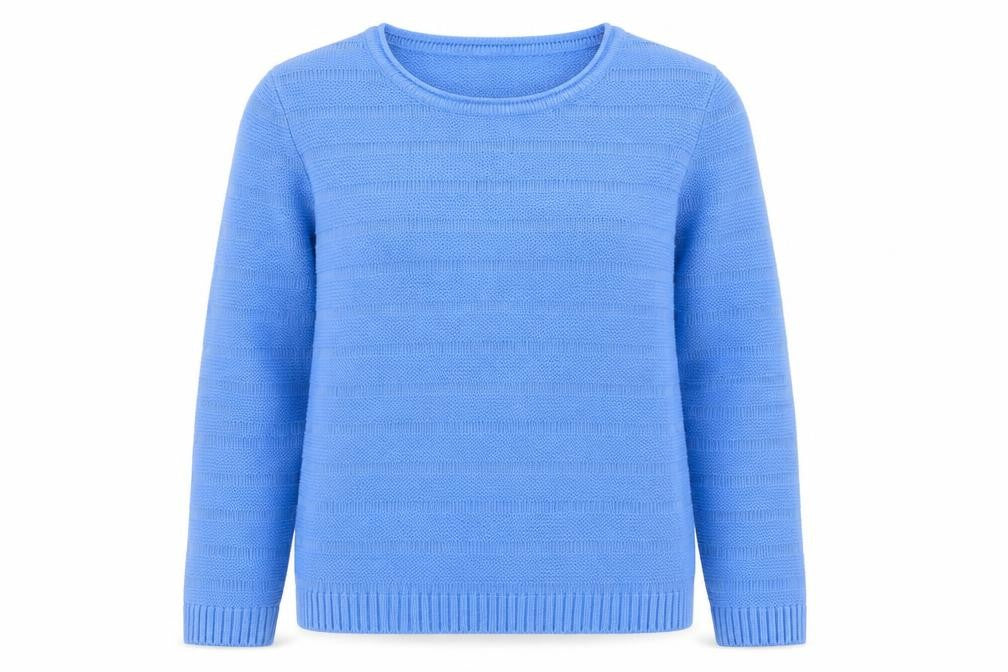Front view of hle women’s blue round neck acrylic jumper, size M