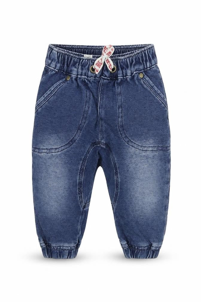 Front view of Woolies boys’ blue polyester cargo jeans, size 9-12, months drawstring