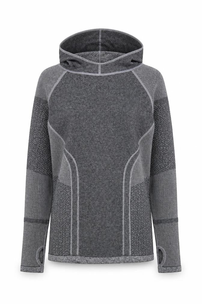 Front view of women’s grey polyester pullover hoodie, size M