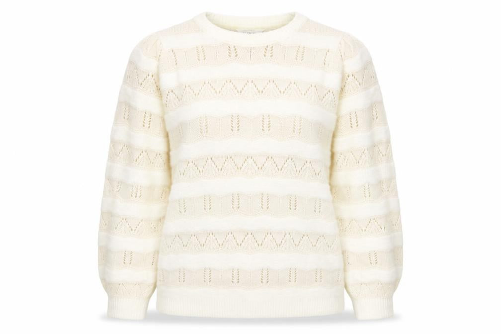 Front view of Matalan women’s white crew neck striped acrylic jumper, size M