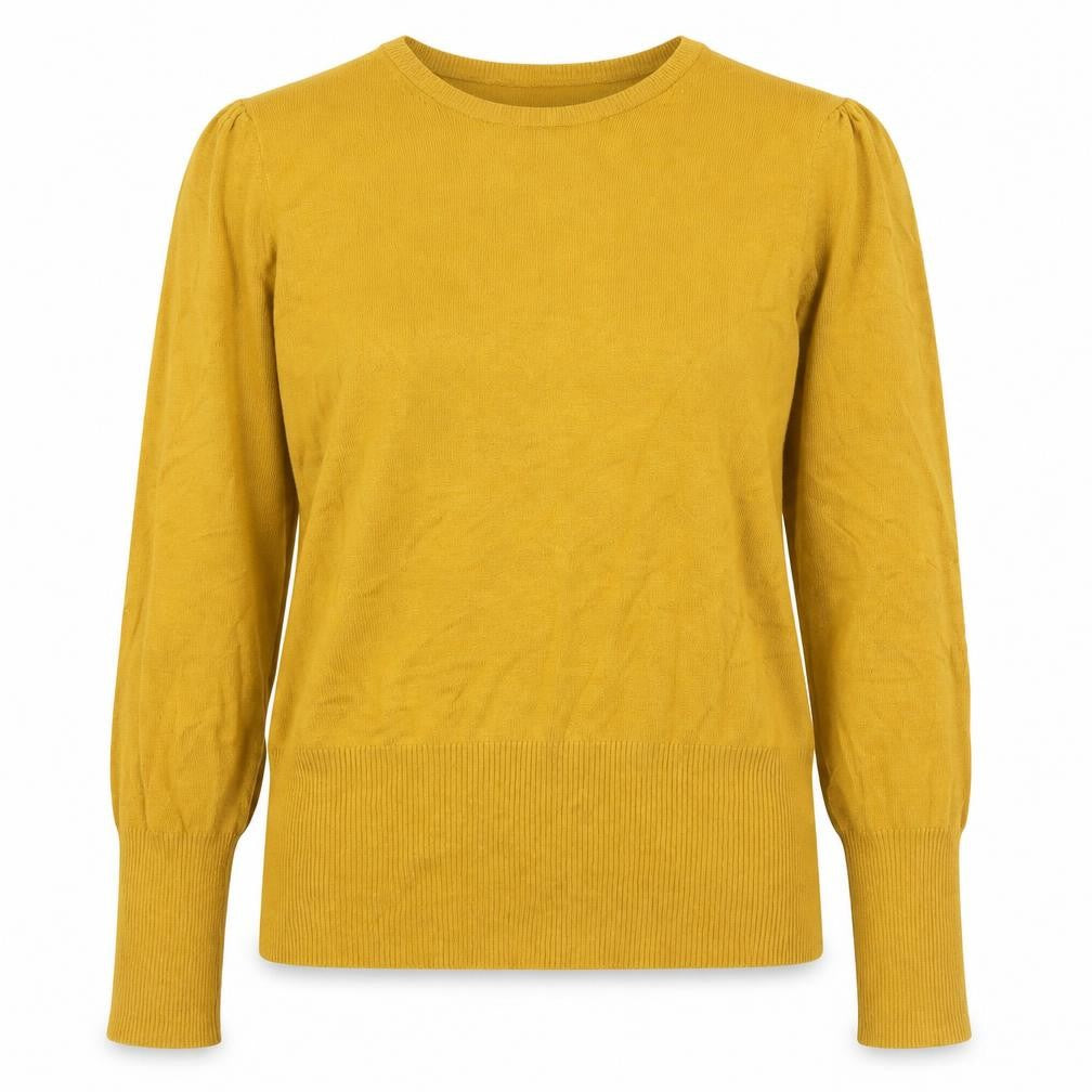 Front view of Marks & Spencer women’s gold round neck viscose jumper, size UK 12