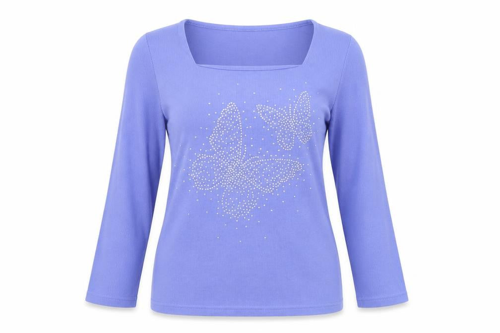 Front view of Love Leisure women’s blue square neck polyester jumper, size UK 12
