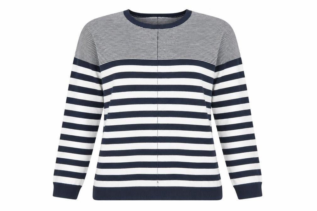 Front view of Atmosphere women’s blue crew neck striped viscose jumper, size UK 12