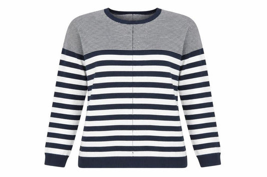 Front view of Atmosphere women’s blue crew neck striped viscose jumper, size UK 12