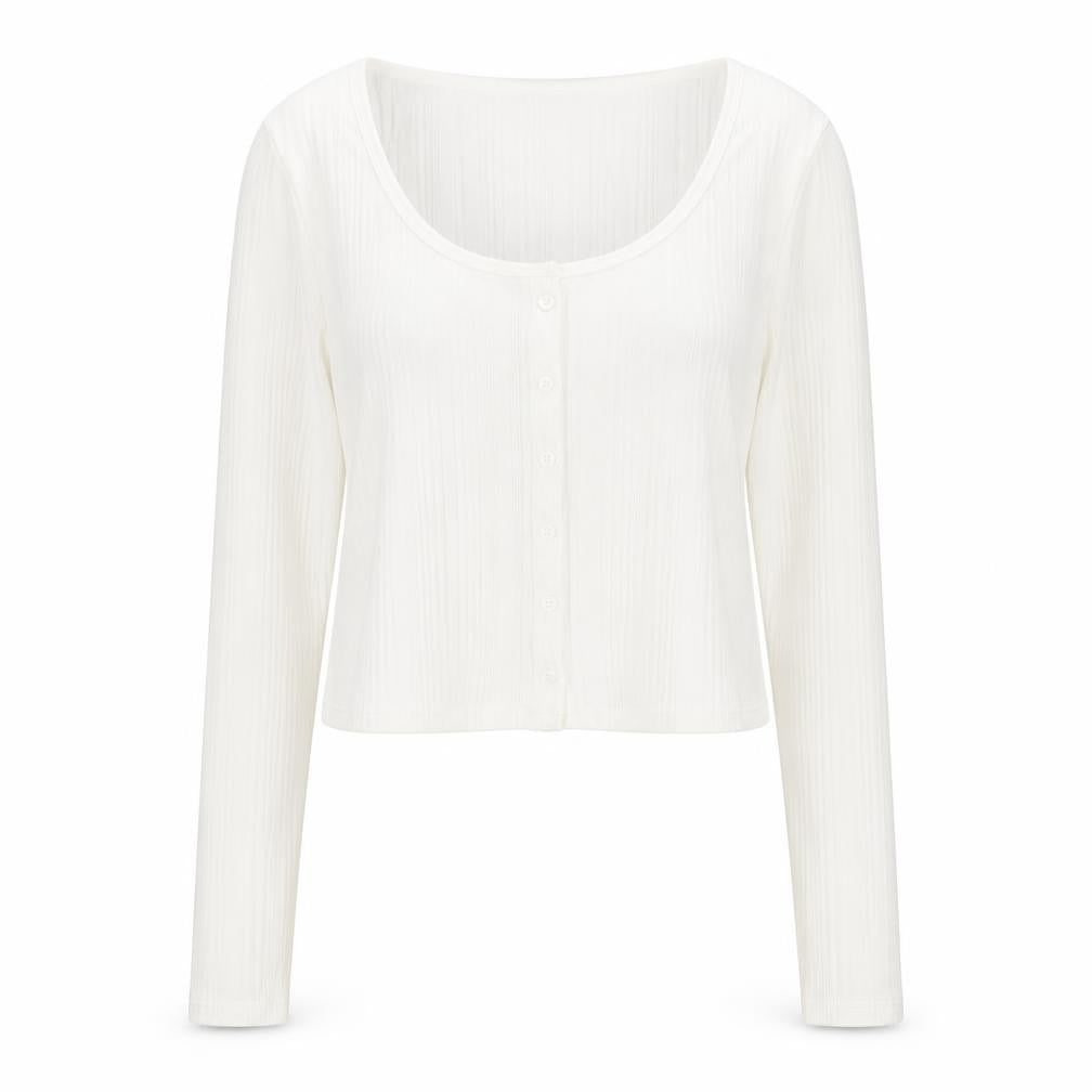 Front view of H&M women’s white polyester cropped t-shirt, size L, round neck - ribbed